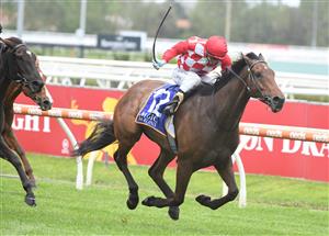 MELBOURNE, AUSTRALIA - OCTOBER 16: Jarrod Fry riding Saltpeter winning Race 1, the Magic Millions Grand Handicap, during Caulfield Cup Day at Caulfield Racecourse on October 16, 2021 in Melbourne, Australia. (Photo by Vince Caligiuri/Getty Images)