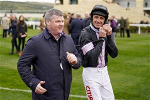 CHELTENHAM, ENGLAND - OCTOBER 22: Gordon Elliott (L) with Davy Russell at Cheltenham Racecourse on October 22, 2021 in Cheltenham, England. (Photo by Alan Crowhurst/Getty Images)