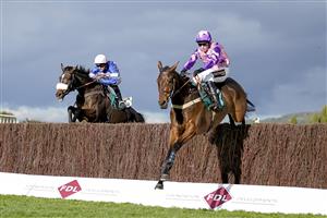 CHELTENHAM, ENGLAND - OCTOBER 22: Tom Cannon riding Annual Invictus (pink) clear the last to win The 888sport Novices' Limited Handicap Chase at Cheltenham Racecourse on October 22, 2021 in Cheltenham, England. (Photo by Alan Crowhurst/Getty Images)