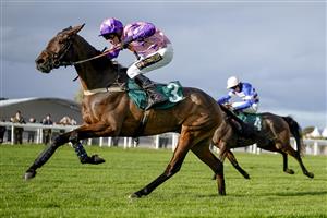 CHELTENHAM, ENGLAND - OCTOBER 22: Tom Cannon riding Annual Invictus (pink) clear the last to win The 888sport Novices' Limited Handicap Chase at Cheltenham Racecourse on October 22, 2021 in Cheltenham, England. (Photo by Alan Crowhurst/Getty Images)