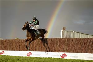 CHELTENHAM, ENGLAND - OCTOBER 22: Pa King riding Strictlyadancer clear the last to win The Andy Stewart Memorial Amateur Jockeys' Handicap Chase at Cheltenham Racecourse on October 22, 2021 in Cheltenham, England. (Photo by Alan Crowhurst/Getty Images)