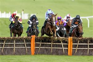 CHELTENHAM, ENGLAND - OCTOBER 22: Sean Bowen riding Bardenstown Lad (light blue) clear the last to win The 888sport What's Your Thinking Novices' Hurdle at Cheltenham Racecourse on October 22, 2021 in Cheltenham, England. (Photo by Alan Crowhurst/Getty Images)