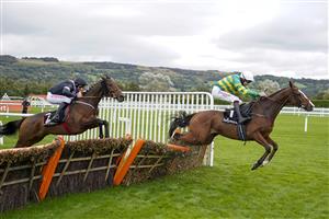 CHELTENHAM, ENGLAND - OCTOBER 22: Aidan Coleman riding Camprond (R) clear the last to win The Ballymore Novices' Hurdle at Cheltenham Racecourse on October 22, 2021 in Cheltenham, England. (Photo by Alan Crowhurst/Getty Images)