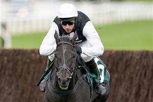 CHELTENHAM, ENGLAND - OCTOBER 22: Harry Skelton riding Third Time Lucki clear the last to win The squareintheair.com Novices' Chase at Cheltenham Racecourse on October 22, 2021 in Cheltenham, England. (Photo by Alan Crowhurst/Getty Images)