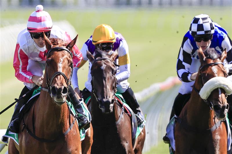 SYDNEY, AUSTRALIA - OCTOBER 23: Jason Collett on Ruby Tuesday wins race 6 the Geyer Handicap during Sydney Racing at Royal Randwick Racecourse on October 23, 2021 in Sydney, Australia. (Photo by Mark Evans/Getty Images)