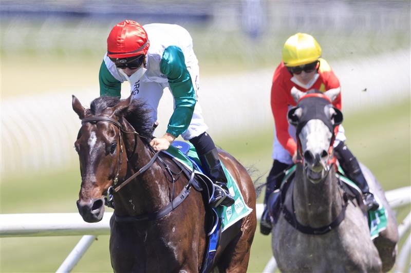 SYDNEY, AUSTRALIA - OCTOBER 23: Tim Clark on Kitzbuhel wins race 2 the TAB Highway Handicap during Sydney Racing at Royal Randwick Racecourse on October 23, 2021 in Sydney, Australia. (Photo by Mark Evans/Getty Images)