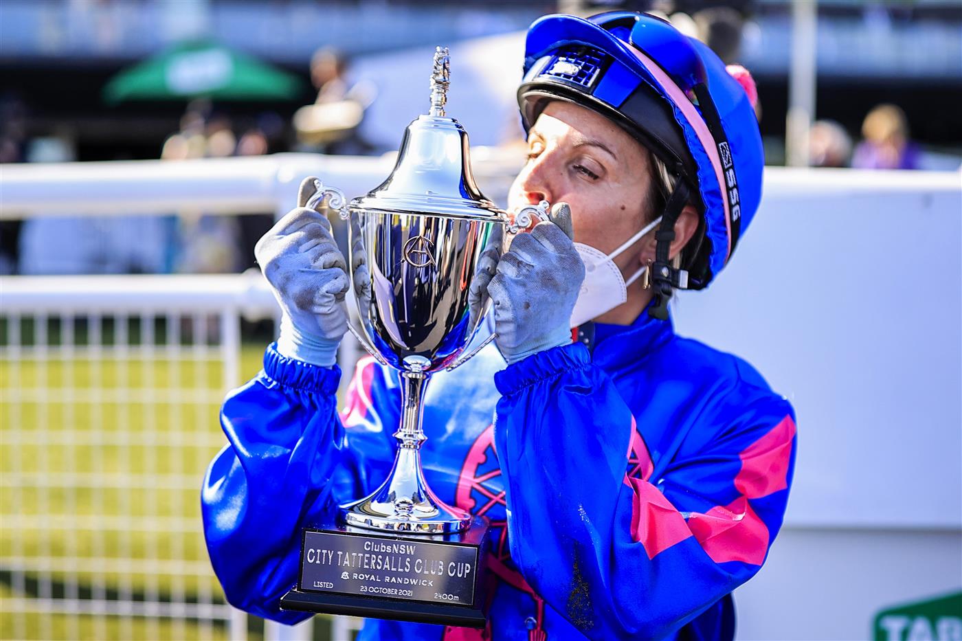 SYDNEY, AUSTRALIA - OCTOBER 23: Jenny Duggan holds up her trophy after winning race 7 the Clubsnsw City Tattersalls Club Cup on Torrens during Sydney Racing at Royal Randwick Racecourse on October 23, 2021 in Sydney, Australia. (Photo by Mark Evans/Getty Images)