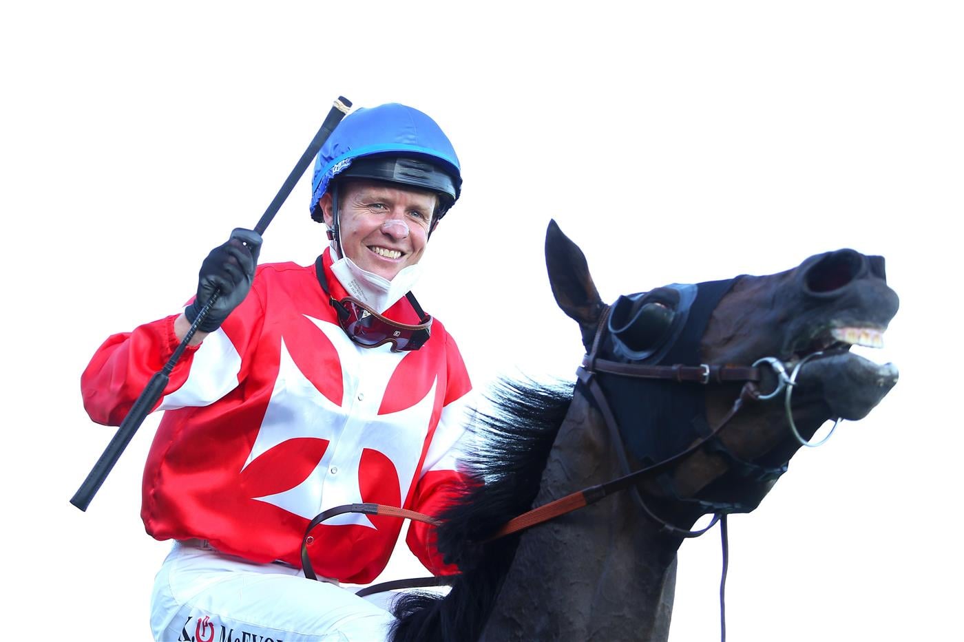SYDNEY, AUSTRALIA - OCTOBER 23: Kerrin McEvoy riding  Icebath celebrates after winning race 9 The Invitation during Sydney Racing at Royal Randwick Racecourse on October 23, 2021 in Sydney, Australia. (Photo by Jason McCawley/Getty Images for ATC)