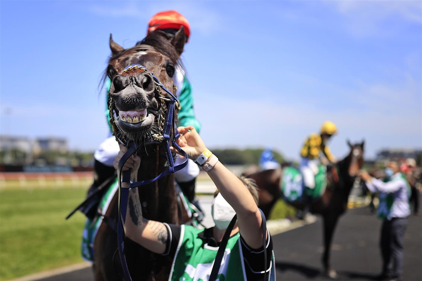 SYDNEY, AUSTRALIA - OCTOBER 23: Tim Clark on Kitzbuhel returns to scale after winning race 2 the TAB Highway Handicap during Sydney Racing at Royal Randwick Racecourse on October 23, 2021 in Sydney, Australia. (Photo by Mark Evans/Getty Images)