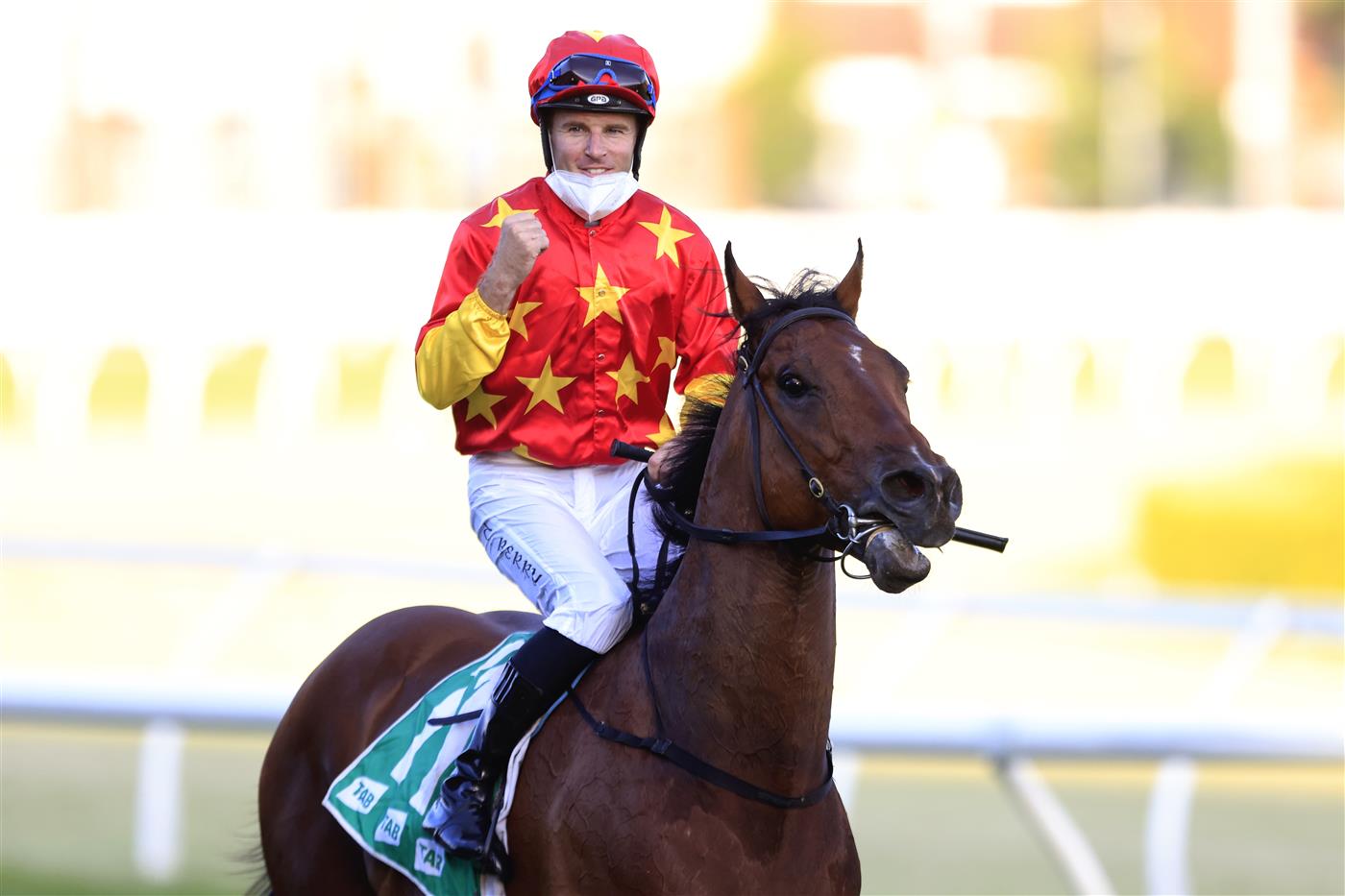 SYDNEY, AUSTRALIA - OCTOBER 23: Tommy Berry on Quantico returns to scale after winning race 10 the Southern Cross Group Handicap during Sydney Racing at Royal Randwick Racecourse on October 23, 2021 in Sydney, Australia. (Photo by Mark Evans/Getty Images)