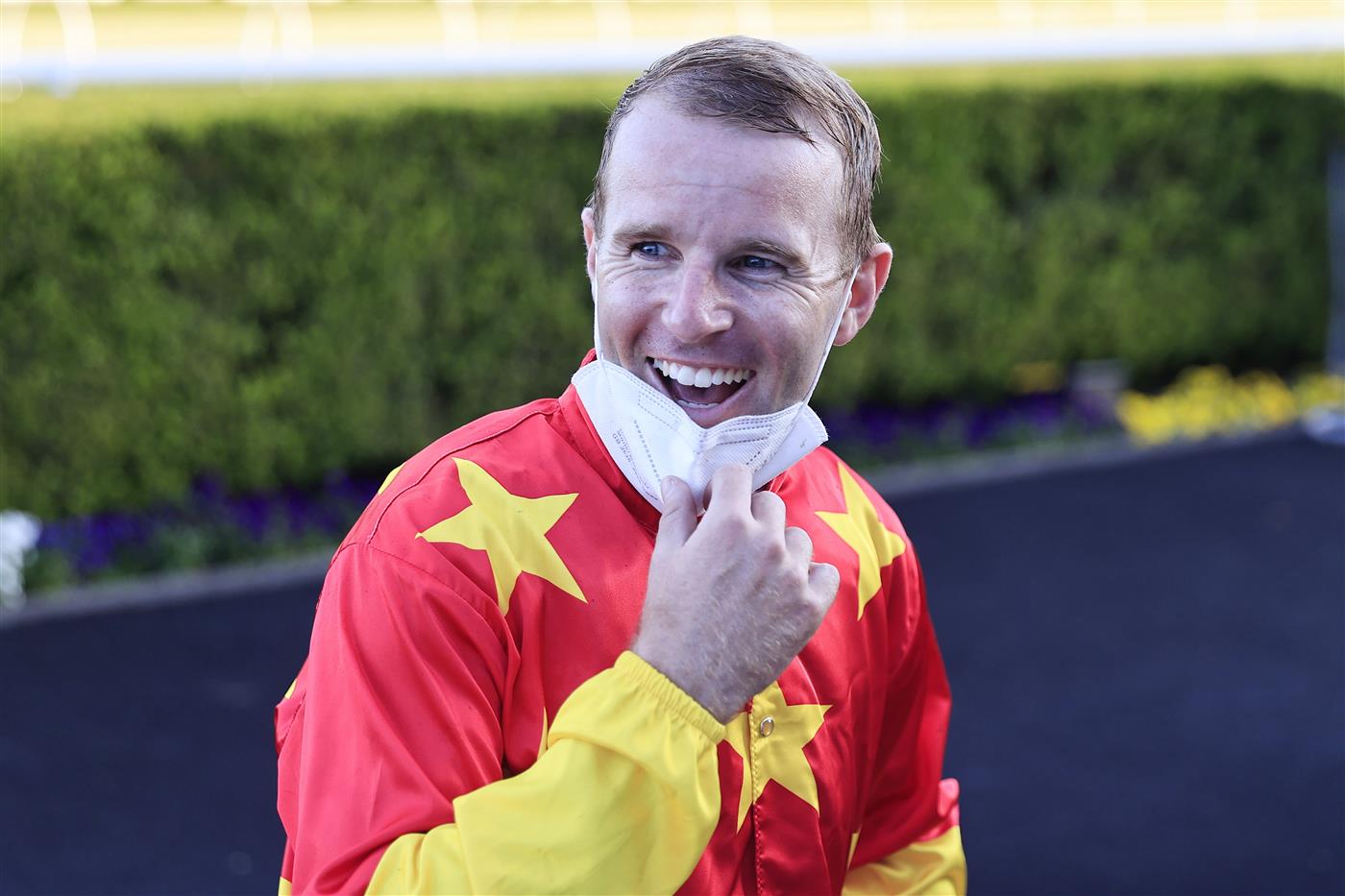 SYDNEY, AUSTRALIA - OCTOBER 23: Tommy Berry reacts after winning race 10 the Southern Cross Group Handicap with Quantico during Sydney Racing at Royal Randwick Racecourse on October 23, 2021 in Sydney, Australia. (Photo by Mark Evans/Getty Images)