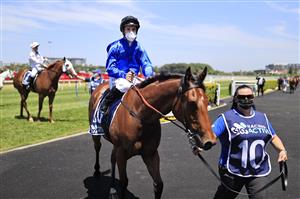 SYDNEY, AUSTRALIA - OCTOBER 23: Tim Clark on Ojai returns to scale after winning race 1 the World Gym Castlereagh Kirkham Plate during Sydney Racing at Royal Randwick Racecourse on October 23, 2021 in Sydney, Australia. (Photo by Mark Evans/Getty Images)