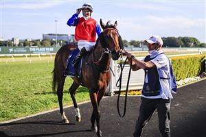 SYDNEY, AUSTRALIA - OCTOBER 23: Tommy Berry on Hilal salutes as he returns to scale after winning race 8 the Bondi Stakes during Sydney Racing at Royal Randwick Racecourse on October 23, 2021 in Sydney, Australia. (Photo by Mark Evans/Getty Images)