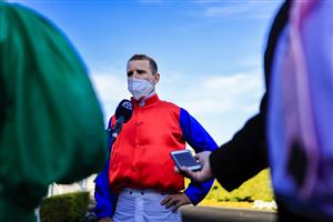 SYDNEY, AUSTRALIA - OCTOBER 23: Tommy Berry is interviewed after winning race 8 the Bondi Stakes on Hilal during Sydney Racing at Royal Randwick Racecourse on October 23, 2021 in Sydney, Australia. (Photo by Mark Evans/Getty Images)