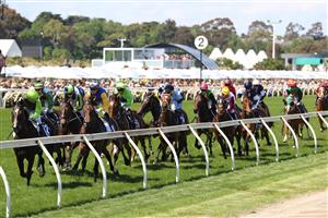 MELBOURNE, AUSTRALIA - NOVEMBER 02: The field pass the finish post for the first time in race 7, the Lexus Melbourne Cup during 2021 Melbourne Cup Day at Flemington Racecourse on November 02, 2021 in Melbourne, Australia. (Photo by Robert Cianflone/Getty Images)