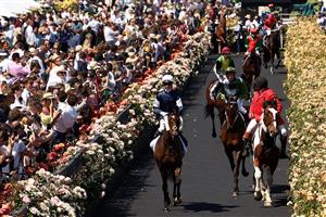 MELBOURNE, AUSTRALIA - NOVEMBER 02: Horses and jockeys head out to the barrier ahead of race 7, the Lexus Melbourne Cup during 2021 Melbourne Cup Day at Flemington Racecourse on November 02, 2021 in Melbourne, Australia. (Photo by Robert Cianflone/Getty Images)