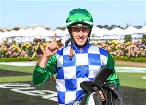MELBOURNE, AUSTRALIA - NOVEMBER 02: Jordan Childs after riding Spirit Of Gaylard to win Race 9, the Tab Trophy, during 2021 Melbourne Cup Day at Flemington Racecourse on November 02, 2021 in Melbourne, Australia. (Photo by Vince Caligiuri/Getty Images)