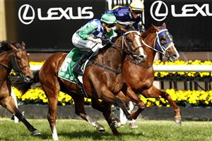 MELBOURNE, AUSTRALIA - NOVEMBER 02: Jordan Childs riding #6 Spirit Of Gaylard leads Nash Rawiller riding #2 Blushing Tycoon to win race 9, the TAB Trophy during 2021 Melbourne Cup Day at Flemington Racecourse on November 02, 2021 in Melbourne, Australia. (Photo by Darrian Traynor/Getty Images)