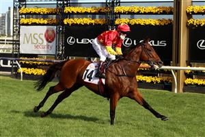 MELBOURNE, AUSTRALIA - NOVEMBER 02: Kerrin McEvoy riding #14 Quantico wins race 10, the MSS Security Sprint during 2021 Melbourne Cup Day at Flemington Racecourse on November 02, 2021 in Melbourne, Australia. (Photo by Robert Cianflone/Getty Images)