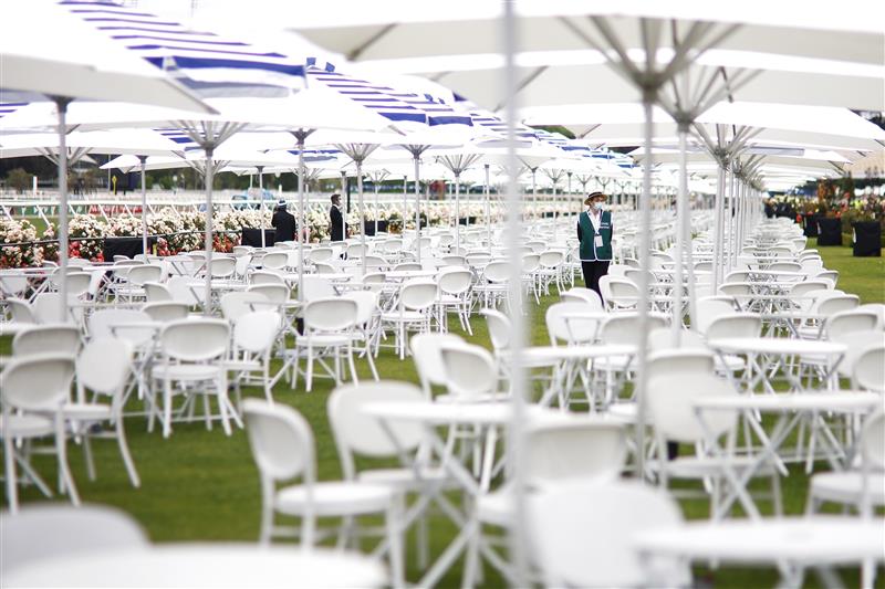 MELBOURNE, AUSTRALIA - NOVEMBER 04: Empty seats in the members area are seen ahead of 2021 Oaks Day at Flemington Racecourse on November 04, 2021 in Melbourne, Australia. (Photo by Daniel Pockett/Getty Images)