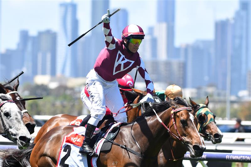 MELBOURNE, AUSTRALIA - NOVEMBER 04: Brett Prebble riding #2 Plucky Pirouette wins race 1, the TCL TV Stakes during 2021 Oaks Day at Flemington Racecourse on November 04, 2021 in Melbourne, Australia. (Photo by Vince Caligiuri/Getty Images)