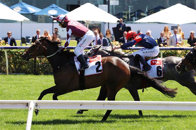 MELBOURNE, AUSTRALIA - NOVEMBER 04: Brett Prebble riding #2 Plucky Pirouette wins race 1, the TCL TV Stakes during 2021 Oaks Day at Flemington Racecourse on November 04, 2021 in Melbourne, Australia. (Photo by Robert Cianflone/Getty Images)