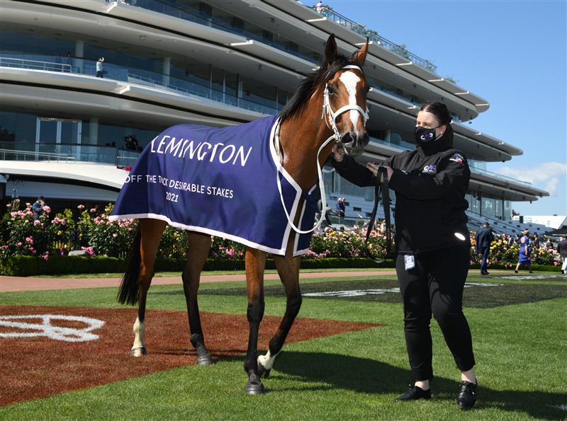 MELBOURNE, AUSTRALIA - NOVEMBER 04: Espiona after winning race 5,  the Off The Track Desirable Stakes, during 2021 Oaks Day at Flemington Racecourse on November 04, 2021 in Melbourne, Australia. (Photo by Vince Caligiuri/Getty Images)