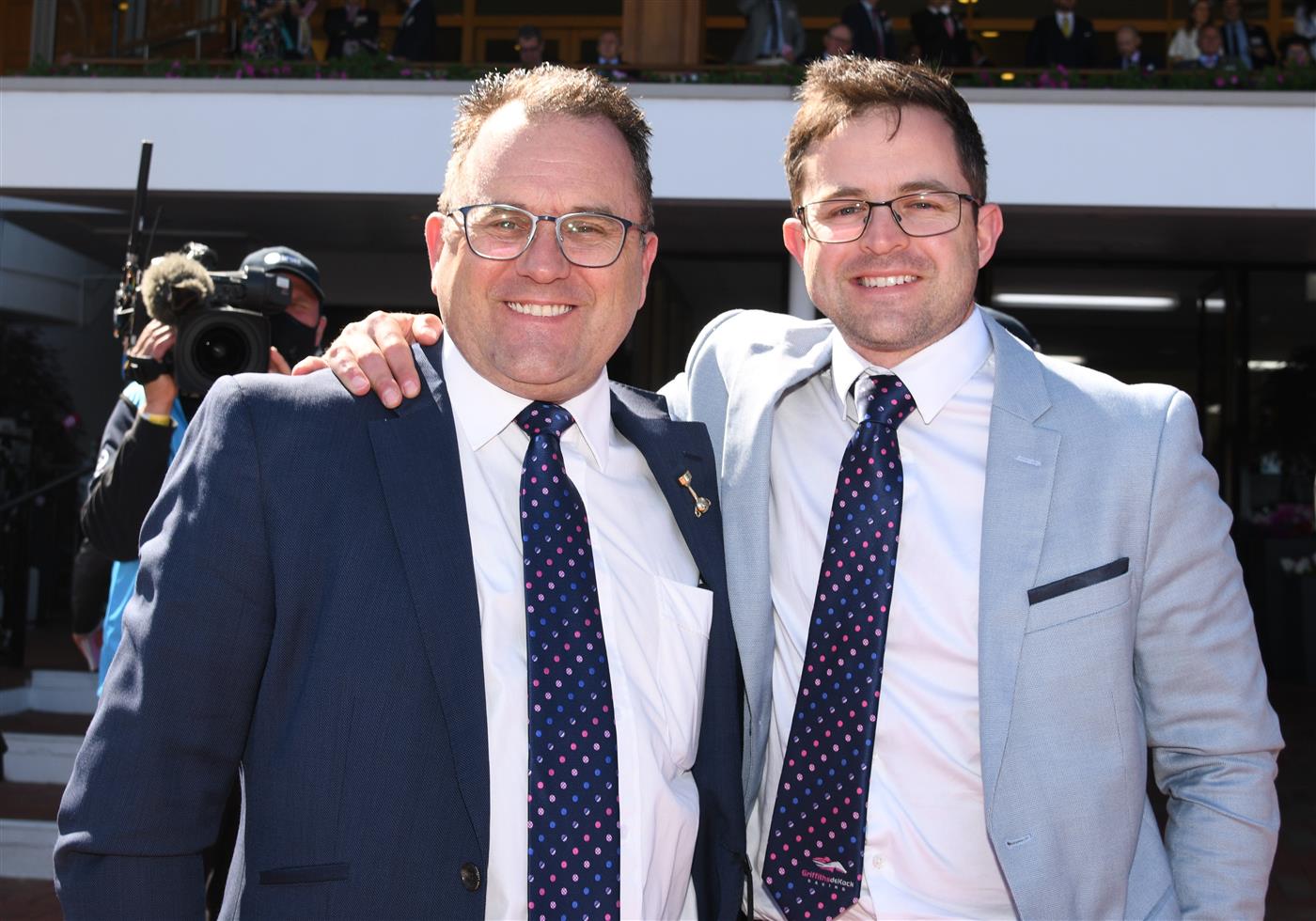 MELBOURNE, AUSTRALIA - NOVEMBER 04:  Trainers Mathew De Kock (r) and Robbie Griffiths pose after Halvorsen won race 6, the G.h. Mumm Century Stakes, during 2021 Oaks Day at Flemington Racecourse on November 04, 2021 in Melbourne, Australia. (Photo by Vince Caligiuri/Getty Images)