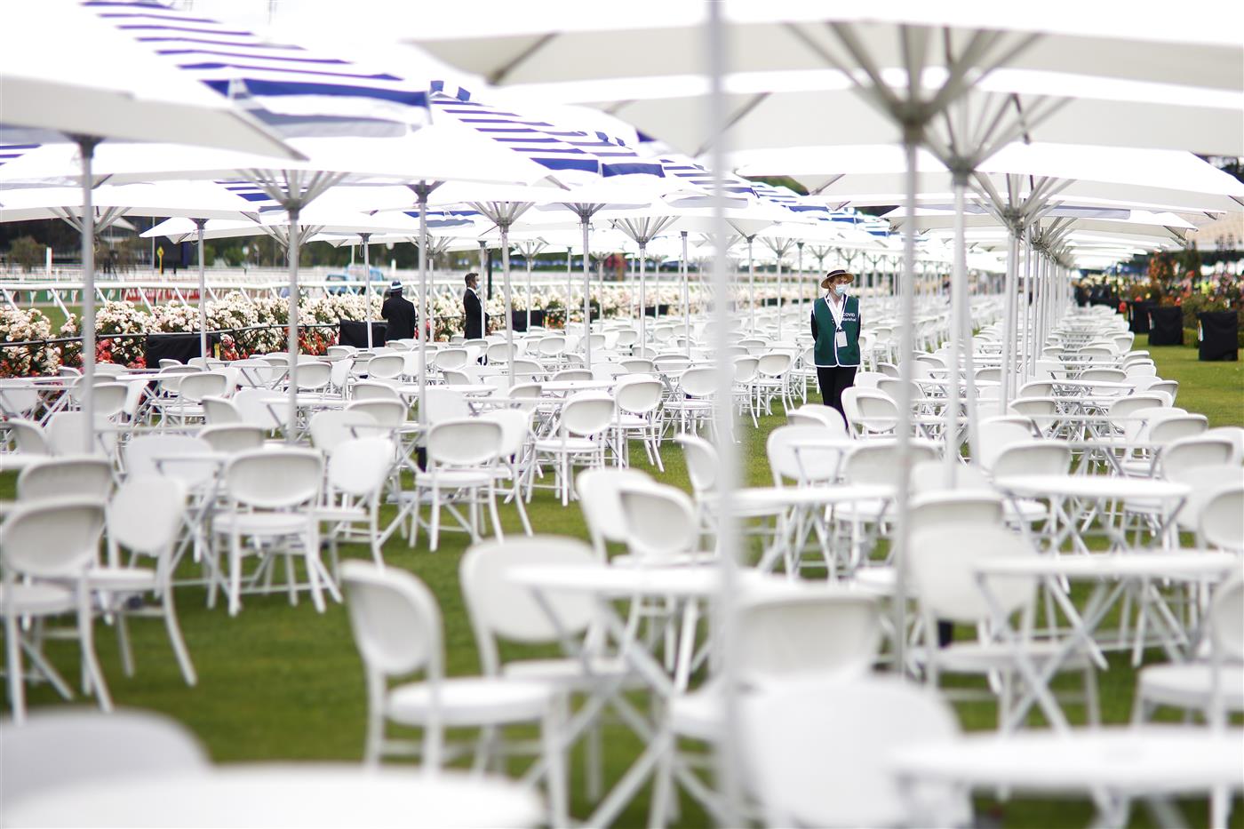 MELBOURNE, AUSTRALIA - NOVEMBER 04: Empty seats in the members area are seen ahead of 2021 Oaks Day at Flemington Racecourse on November 04, 2021 in Melbourne, Australia. (Photo by Daniel Pockett/Getty Images)