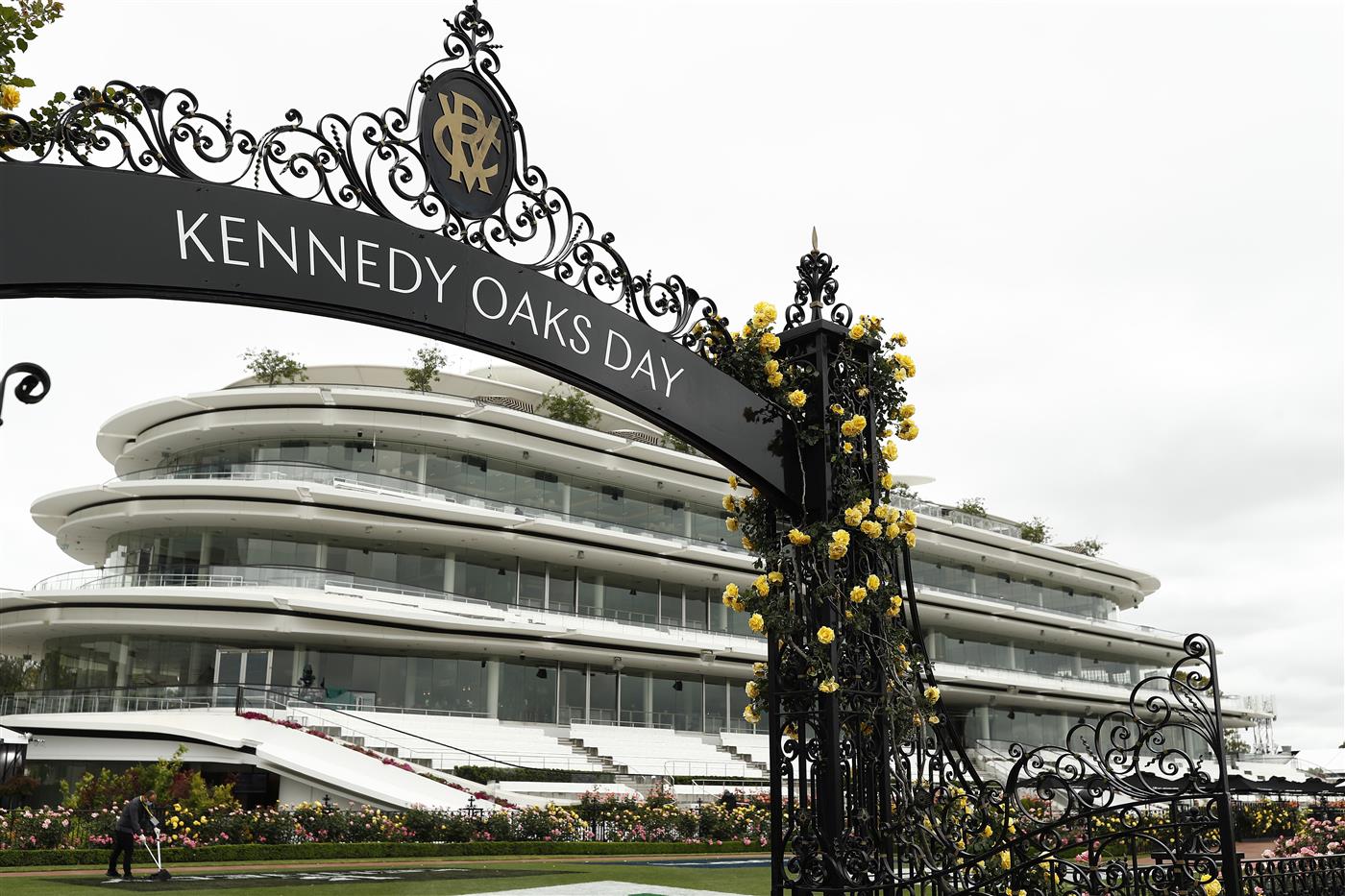 MELBOURNE, AUSTRALIA - NOVEMBER 04: A general view of the Kennedy Oaks Day archway during 2021 Oaks Day at Flemington Racecourse on November 04, 2021 in Melbourne, Australia. (Photo by Darrian Traynor/Getty Images)
