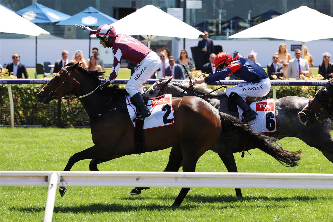 MELBOURNE, AUSTRALIA - NOVEMBER 04: Brett Prebble riding #2 Plucky Pirouette wins race 1, the TCL TV Stakes during 2021 Oaks Day at Flemington Racecourse on November 04, 2021 in Melbourne, Australia. (Photo by Robert Cianflone/Getty Images)