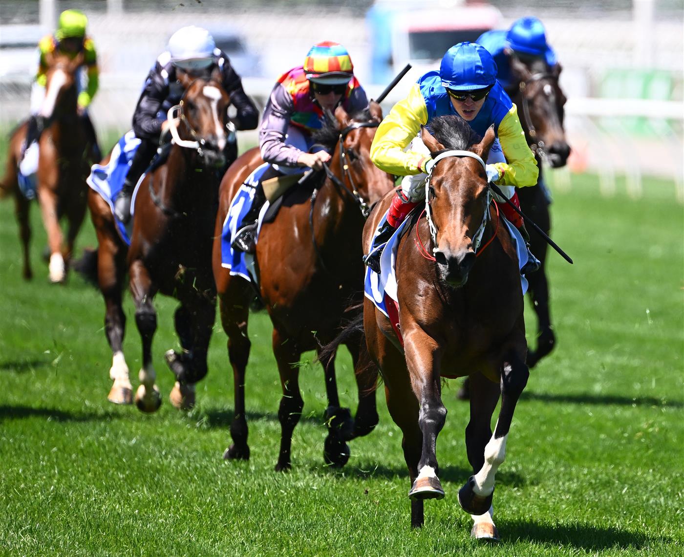 MELBOURNE, AUSTRALIA - NOVEMBER 04: Craig Williams riding #18 See You In Heaven wins race 3, the Darley Ottawa Stakes during 2021 Oaks Day at Flemington Racecourse on November 04, 2021 in Melbourne, Australia. (Photo by Quinn Rooney/Getty Images)