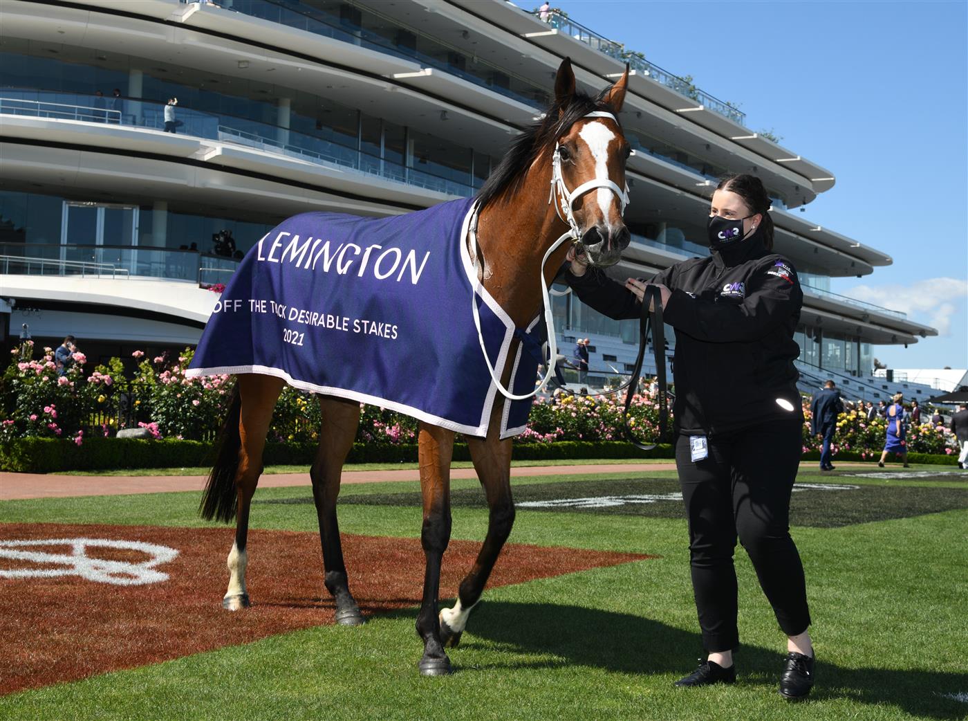 MELBOURNE, AUSTRALIA - NOVEMBER 04: Espiona after winning race 5,  the Off The Track Desirable Stakes, during 2021 Oaks Day at Flemington Racecourse on November 04, 2021 in Melbourne, Australia. (Photo by Vince Caligiuri/Getty Images)