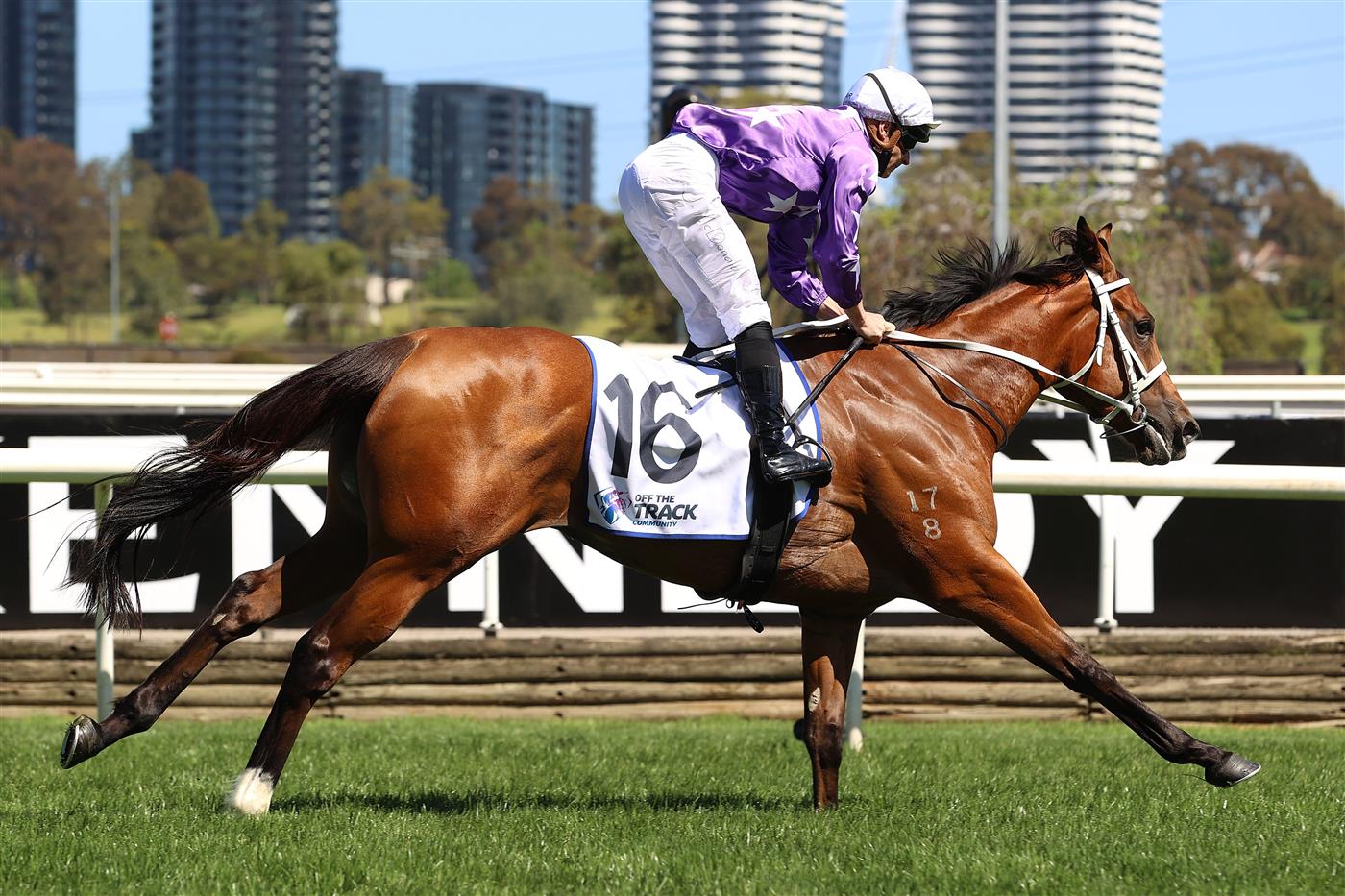 MELBOURNE, AUSTRALIA - NOVEMBER 04: James McDonald riding #16 Espiona wins race 5, the Off The Track Desirable Stakes during 2021 Oaks Day at Flemington Racecourse on November 04, 2021 in Melbourne, Australia. (Photo by Robert Cianflone/Getty Images)