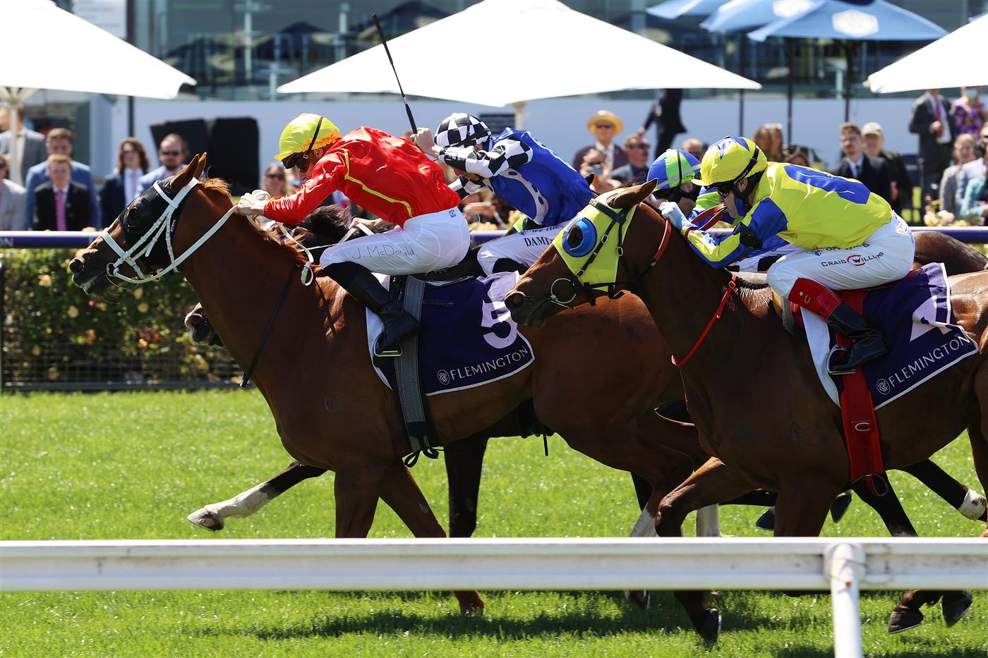 MELBOURNE, AUSTRALIA - NOVEMBER 04: James McDonald riding #5 Djukon wins race 4, the Twitter Trophy during 2021 Oaks Day at Flemington Racecourse on November 04, 2021 in Melbourne, Australia. (Photo by Robert Cianflone/Getty Images)
