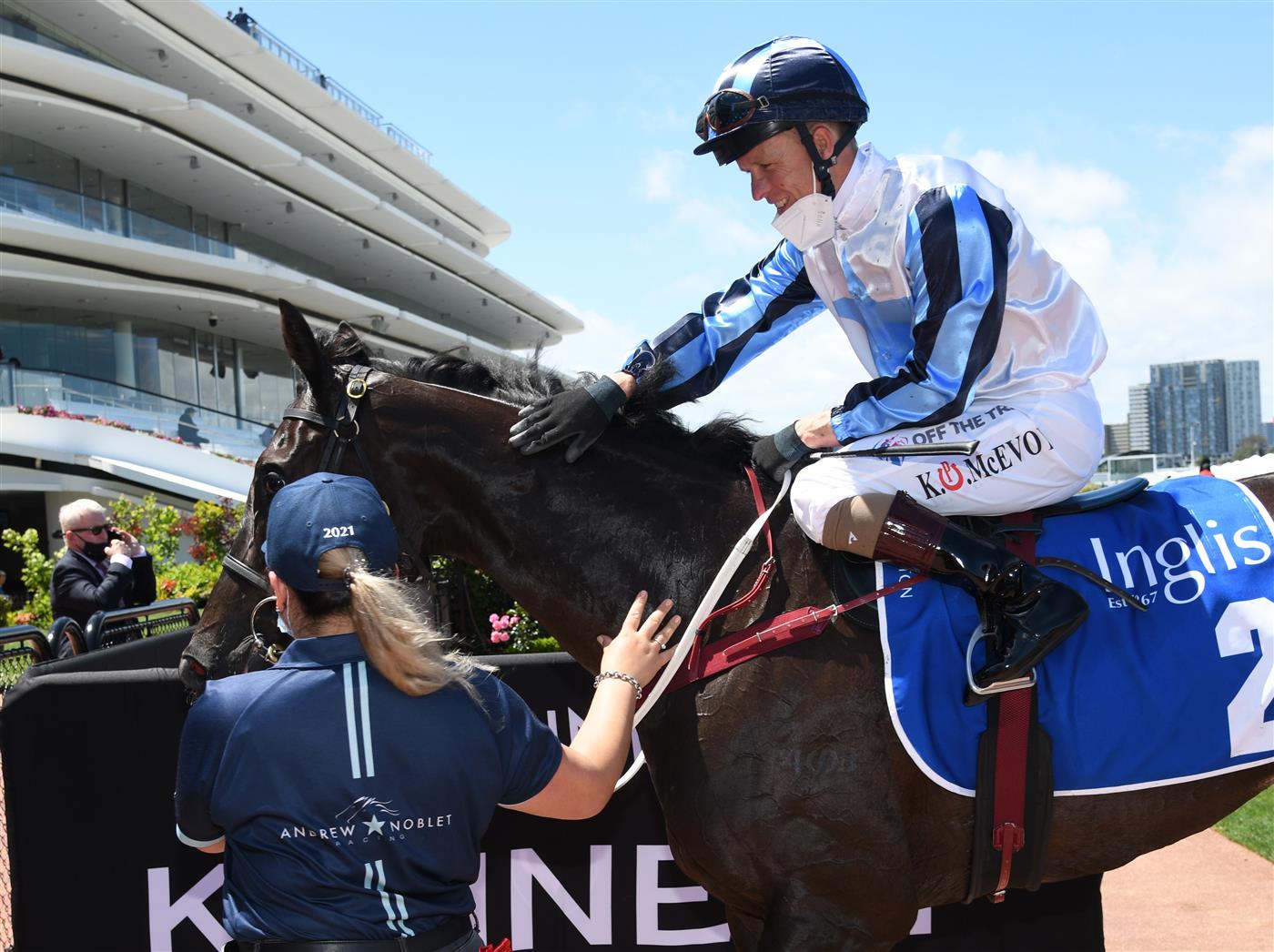 MELBOURNE, AUSTRALIA - NOVEMBER 04:  Kerrin McEvoy riding Foxy Frida after winning Race 2, the Inglis Bracelet, during 2021 Oaks Day at Flemington Racecourse on November 04, 2021 in Melbourne, Australia. (Photo by Vince Caligiuri/Getty Images)