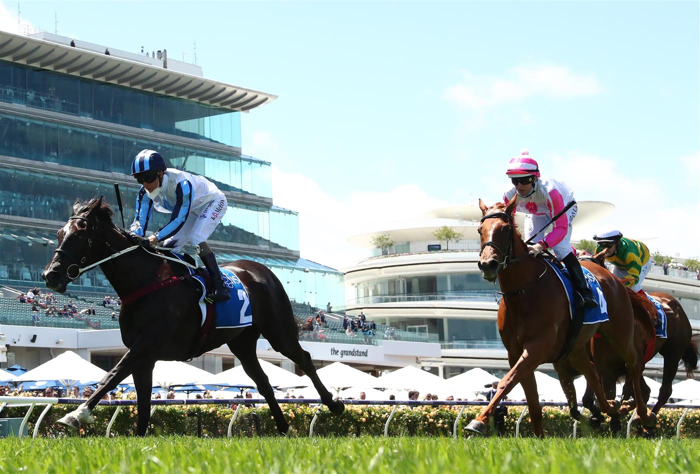 MELBOURNE, AUSTRALIA - NOVEMBER 04: Kerrin McEvoy riding #2 Foxy Frida wins race 2, the Inglis Bracelet during 2021 Oaks Day at Flemington Racecourse on November 04, 2021 in Melbourne, Australia. (Photo by Robert Cianflone/Getty Images)