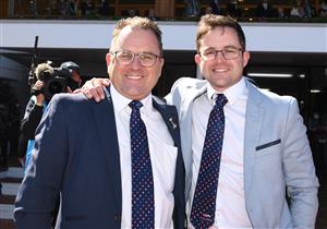 MELBOURNE, AUSTRALIA - NOVEMBER 04: Trainers Mathew De Kock (r) and Robbie Griffiths pose after Halvorsen won race 6, the G.h. Mumm Century Stakes, during 2021 Oaks Day at Flemington Racecourse on November 04, 2021 in Melbourne, Australia. (Photo by Vince Caligiuri/Getty Images)