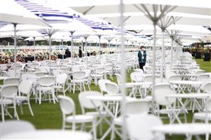 MELBOURNE, AUSTRALIA - NOVEMBER 04: Empty seats in the members area are seen ahead of 2021 Oaks Day at Flemington Racecourse on November 04, 2021 in Melbourne, Australia. (Photo by Daniel Pockett/Getty Images)