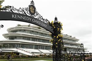 MELBOURNE, AUSTRALIA - NOVEMBER 04: A general view of the Kennedy Oaks Day archway during 2021 Oaks Day at Flemington Racecourse on November 04, 2021 in Melbourne, Australia. (Photo by Darrian Traynor/Getty Images)