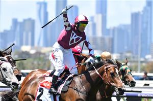 MELBOURNE, AUSTRALIA - NOVEMBER 04: Brett Prebble riding #2 Plucky Pirouette wins race 1, the TCL TV Stakes during 2021 Oaks Day at Flemington Racecourse on November 04, 2021 in Melbourne, Australia. (Photo by Vince Caligiuri/Getty Images)