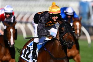 MELBOURNE, AUSTRALIA - NOVEMBER 04: Brett Prebble riding #12 Flying Evelyn wins race 9, the Network 10 Red Roses Stakes during 2021 Oaks Day at Flemington Racecourse on November 04, 2021 in Melbourne, Australia. (Photo by Quinn Rooney/Getty Images)