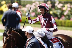 MELBOURNE, AUSTRALIA - NOVEMBER 04: Brett Prebble riding #2 Plucky Pirouette celebrates winning race 1, the TCL TV Stakes during 2021 Oaks Day at Flemington Racecourse on November 04, 2021 in Melbourne, Australia. (Photo by Darrian Traynor/Getty Images)