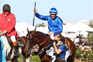 MELBOURNE, AUSTRALIA - NOVEMBER 04: Damien Oliver riding #2 Willowy celebrates winning race 8, the Kennedy Oaks during 2021 Oaks Day at Flemington Racecourse on November 04, 2021 in Melbourne, Australia. (Photo by Robert Cianflone/Getty Images)
