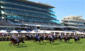 MELBOURNE, AUSTRALIA - NOVEMBER 04: Dean Yendall riding #2 Halvorsen leads Damian Lane riding #8 Malkovich to win race 6, the G.H.Mumm Century Stakes during 2021 Oaks Day at Flemington Racecourse on November 04, 2021 in Melbourne, Australia. (Photo by Robert Cianflone/Getty Images)