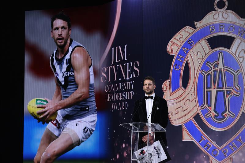 PERTH, AUSTRALIA - SEPTEMBER 19: Travis Boak of Port Adelaide is awarded the Jim Stynes Community Leadership Award, during the 2021 AFL Brownlow Medal at Optus Stadium on September 19, 2021 in Perth, Australia. (Photo by Paul Kane/Getty Images)