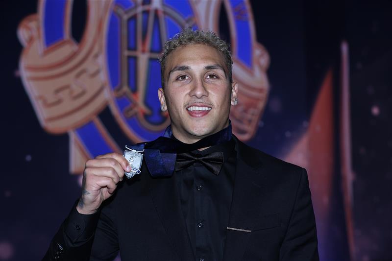 PERTH, AUSTRALIA - SEPTEMBER 19: Shai Bolton of the Tigers poses after winning the Mark of the year award during the 2021 AFL Brownlow Medal at Optus Stadium on September 19, 2021 in Perth, Australia. (Photo by Paul Kane/Getty Images)