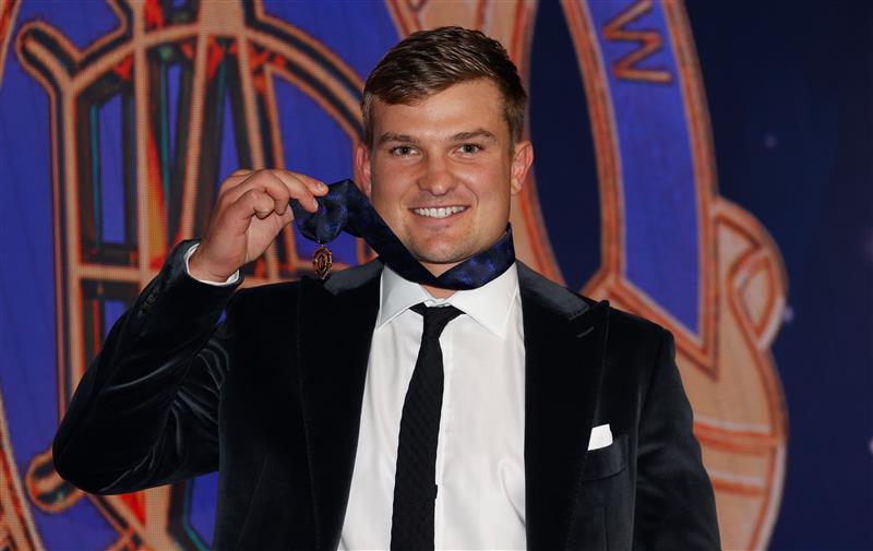 PERTH, AUSTRALIA - SEPTEMBER 19: 2021 Brownlow Medallist Ollie Wines of the Power poses for a photograph during the 2021 Brownlow Medal Count at Optus Stadium on September 19, 2021 in Perth, Australia. (Photo by Michael Willson/AFL Photos via Getty Images)