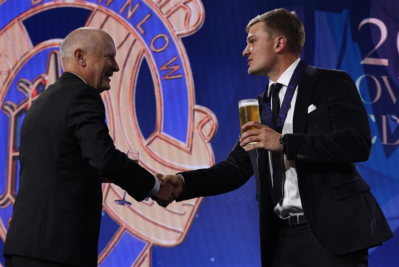 PERTH, AUSTRALIA - SEPTEMBER 19: Ollie Wines of Port Adelaide is seen on stage after winning the 2021 Brownlow Medal, during the 2021 AFL Brownlow Medal at Optus Stadium on September 19, 2021 in Perth, Australia. (Photo by Paul Kane/Getty Images)