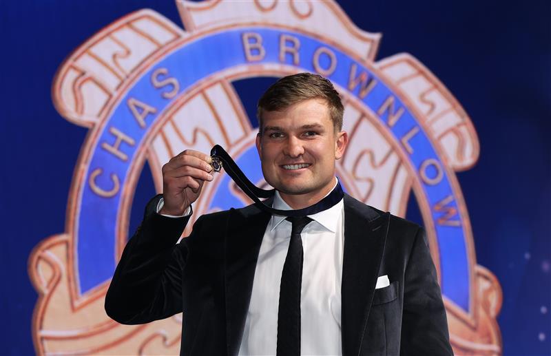PERTH, AUSTRALIA - SEPTEMBER 19: Ollie Wines of Port Adelaide poses after winning the 2021 Brownlow Medal, during the 2021 AFL Brownlow Medal at Optus Stadium on September 19, 2021 in Perth, Australia. (Photo by Paul Kane/Getty Images)